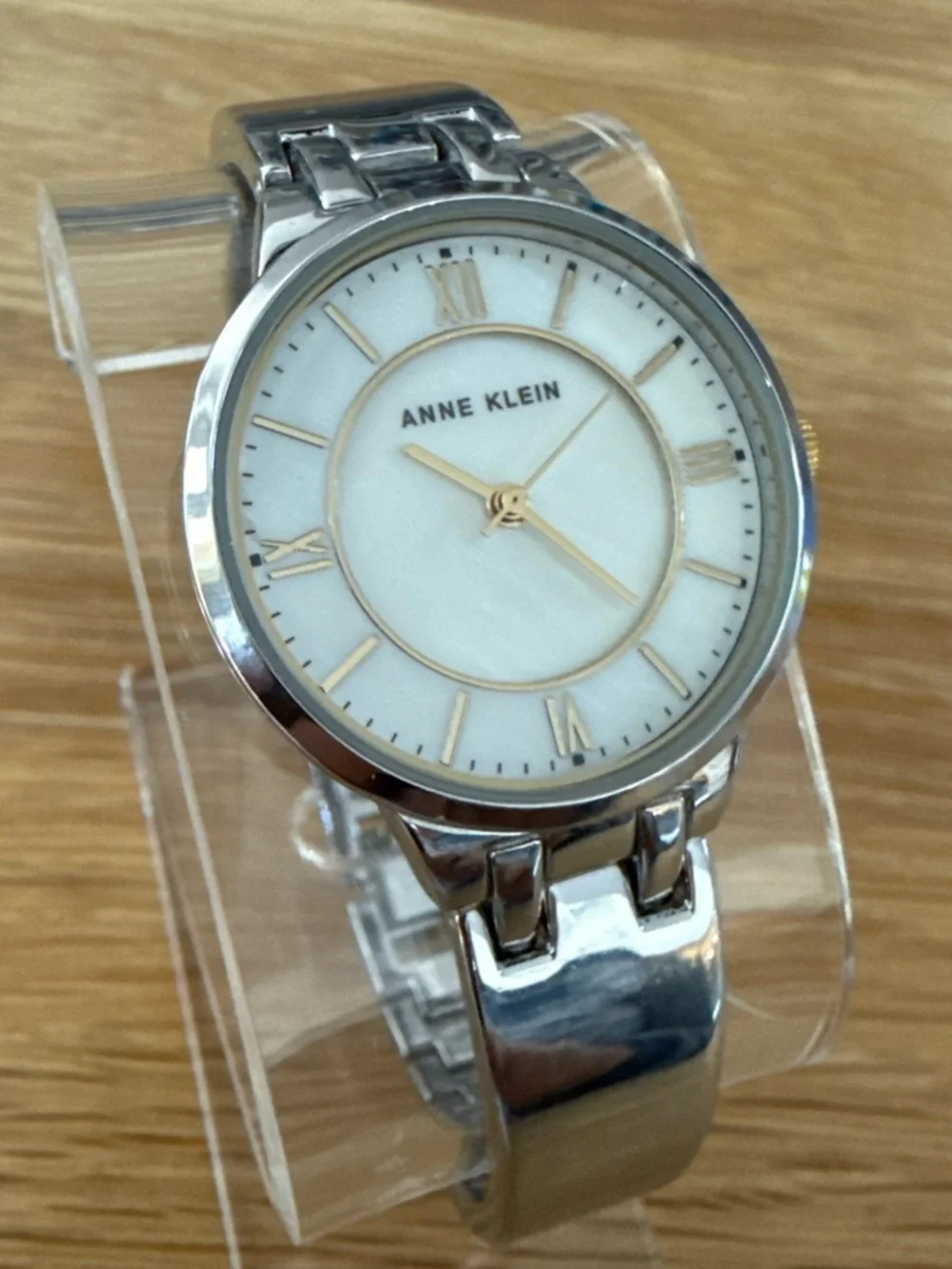 Anne Klein Watch w/ Mother Of Pearl Face. Silver & Gold Tone Adjustable Bracelet